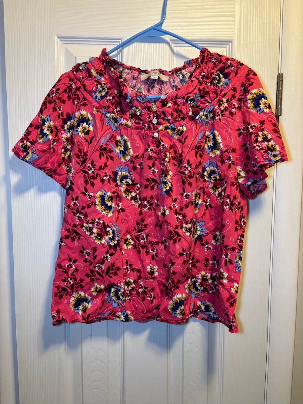 LOFT Bright Pink Floral Short-Sleeve Blouse